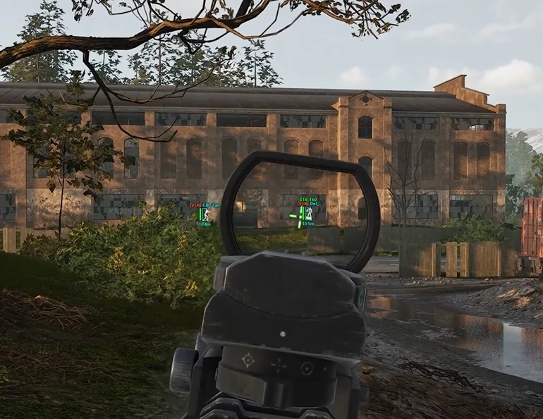 Wardogs player ESP showing enemy tags, health bars and distance through a brick building